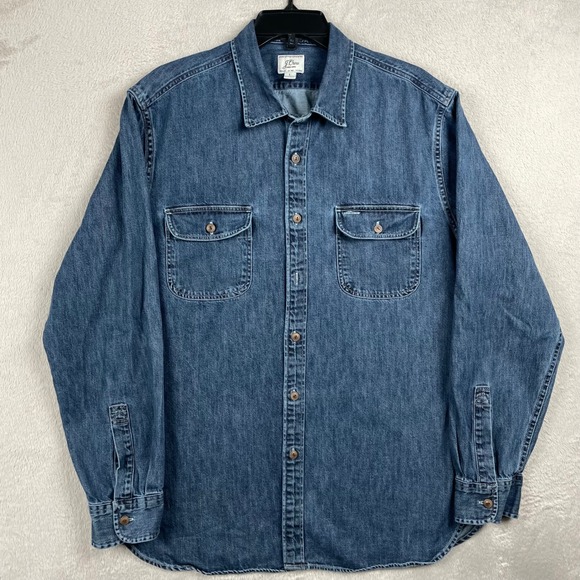 J Crew Denim Shirt Mens Large Blue Dark Wash Pocket Western Long Sleeve Button - Picture 2 of 10
